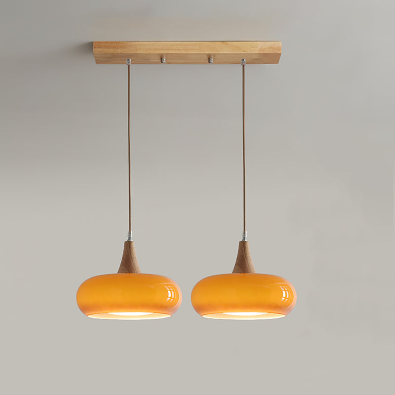 Wood & Amber Glass Pendant Light – Single, Double or Triple Head Design for Kitchen & Dining Room