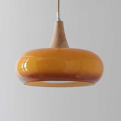 Glass Pendant Light with Wood Canopy & Metal Accents for Kitchen Dining Room Bedroom | Warm Ambient Hanging Ceiling Fixture E26 E27