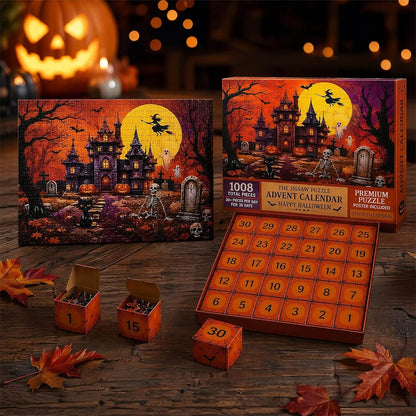 Halloween Advent Calendar Jigsaw Puzzle 1008 Piece, Haunted Castle Halloween Puzzle with 30 Boxes, Halloween Countdown Calendar