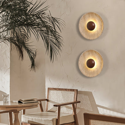 Travertine Sun Wall Sconce with Wood Sphere – Sculptural Halo Accent Light for Modern Living Room & Bedroom