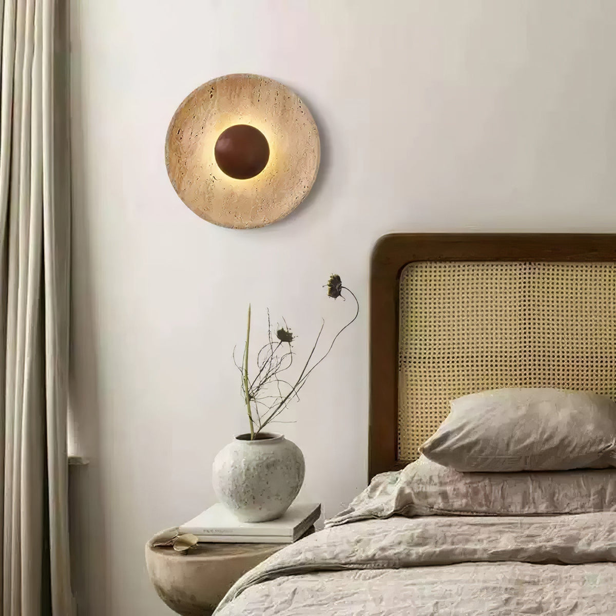 Travertine Sun Wall Sconce with Wood Sphere – Sculptural Halo Accent Light for Modern Living Room & Bedroom