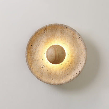 Travertine Sun Wall Sconce with Wood Sphere – Sculptural Halo Accent Light for Modern Living Room & Bedroom