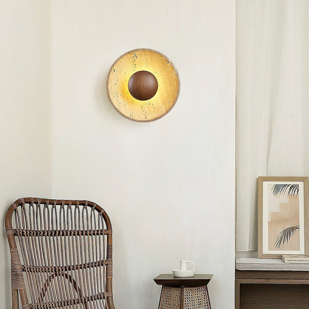 Natural Stone Sconce with Wood Backing 10-Inch Round Ambient Light Fixture for Bedroom Entryway Den