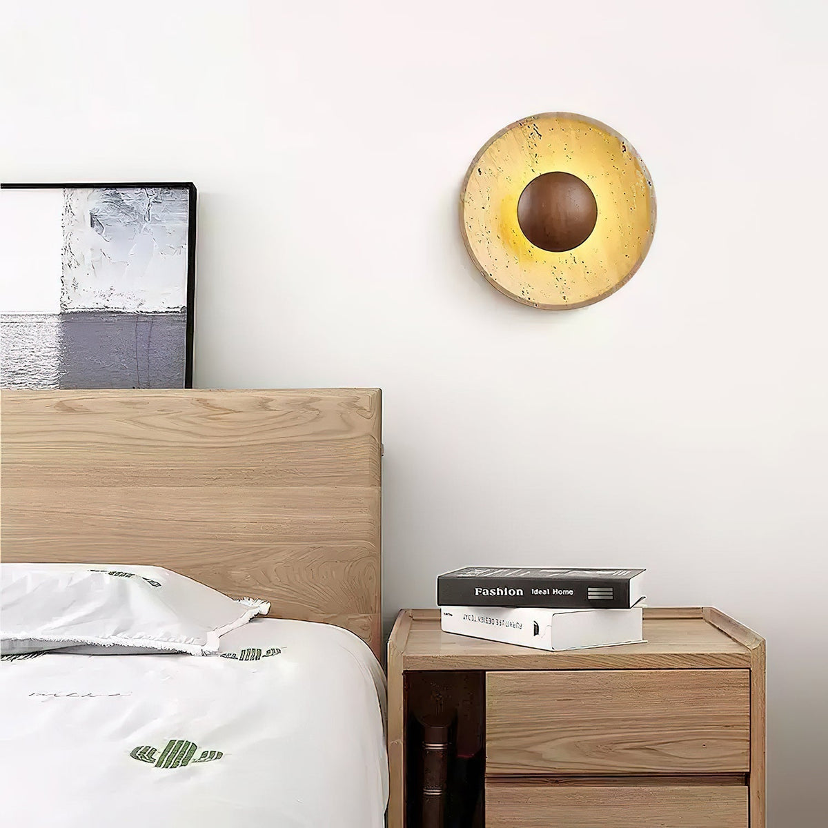 Round Stone & Wood Sconce – Ambient Wall Lighting for Bedroom, Entryway & Lounge – Natural Texture Fixture with Gentle Diffused Glow – Moder