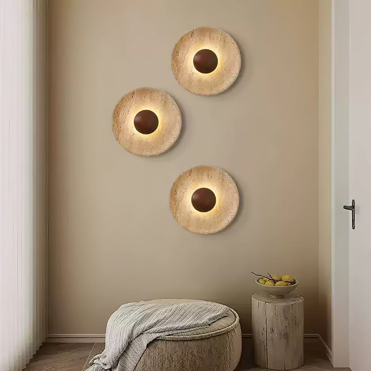 Natural Stone Sconce with Wood Backing 10-Inch Round Ambient Light Fixture for Bedroom Entryway Den