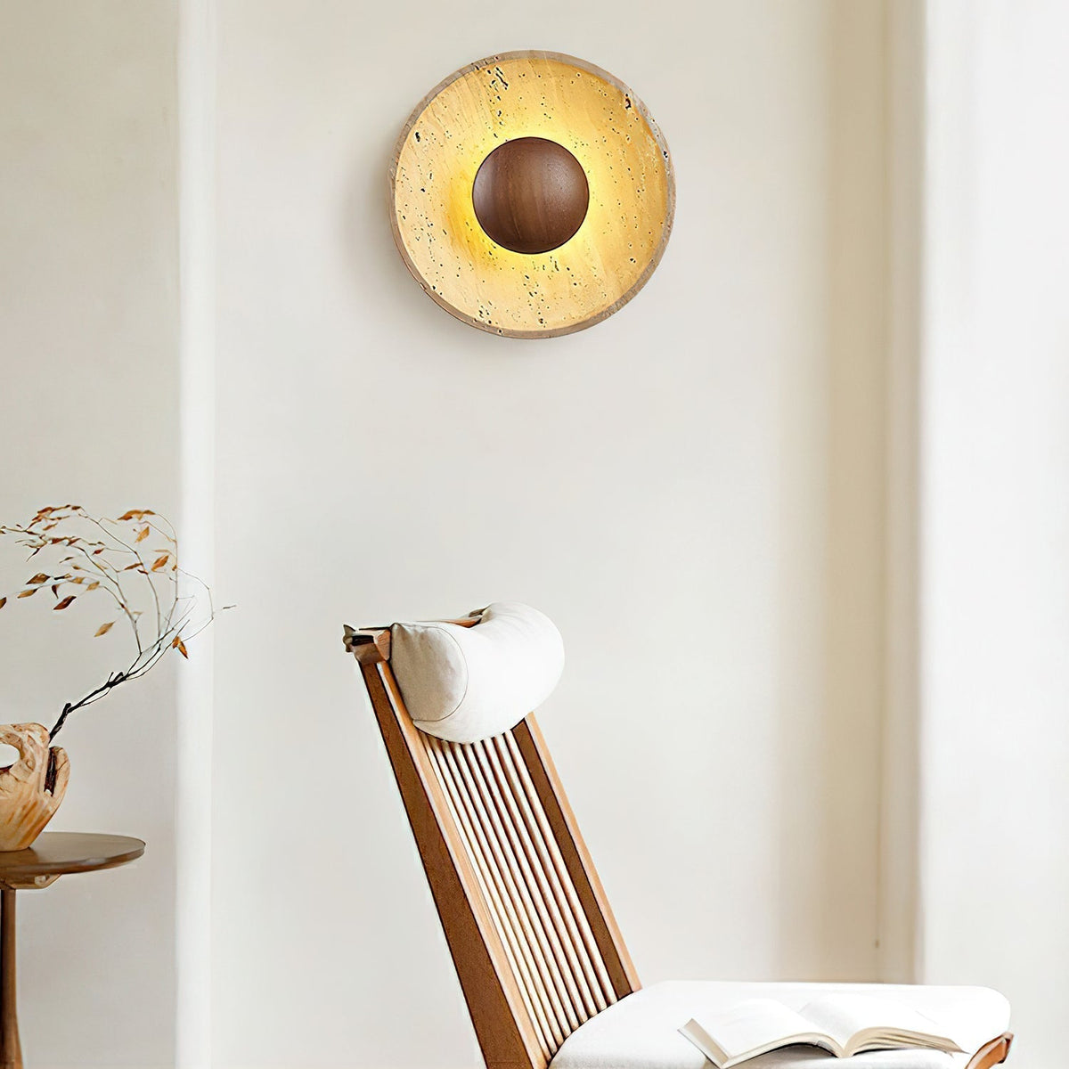 Round Stone & Wood Sconce – Ambient Wall Lighting for Bedroom, Entryway & Lounge – Natural Texture Fixture with Gentle Diffused Glow – Moder