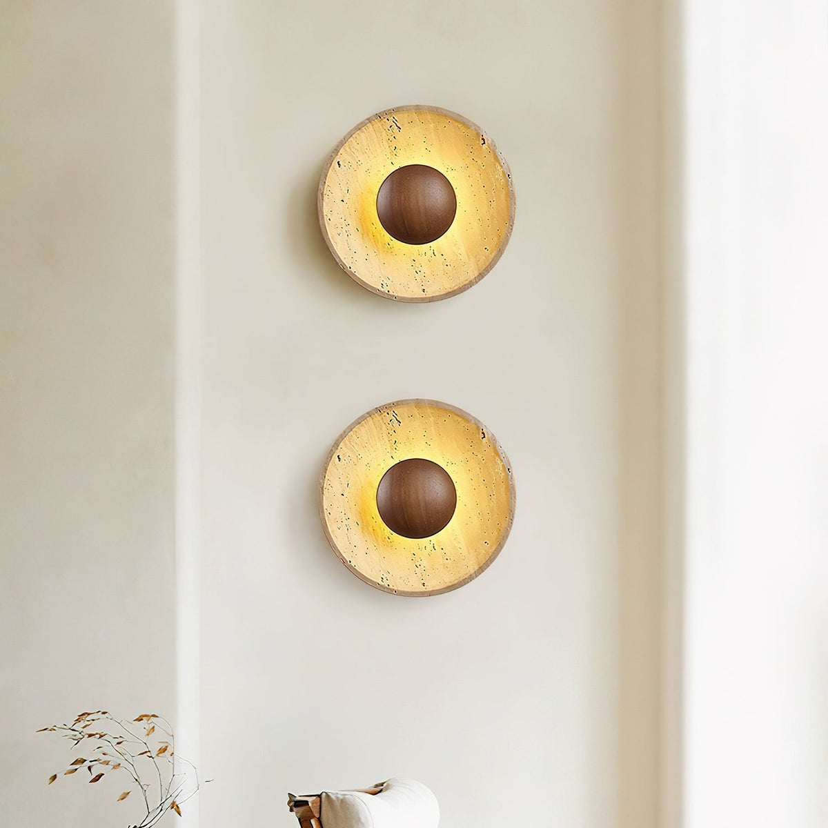 Round Stone & Wood Sconce – Ambient Wall Lighting for Bedroom, Entryway & Lounge – Natural Texture Fixture with Gentle Diffused Glow – Moder