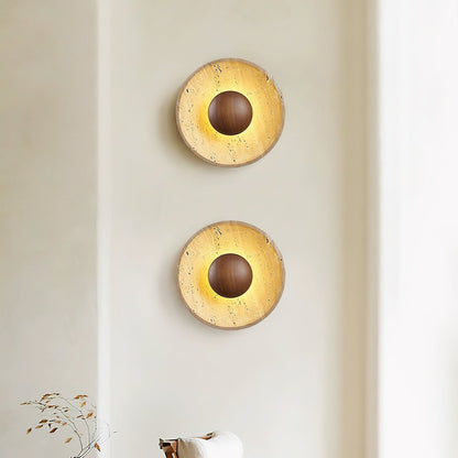 Round Stone & Wood Sconce – Ambient Wall Lighting for Bedroom, Entryway & Lounge – Natural Texture Fixture with Gentle Diffused Glow – Moder