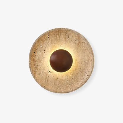 Travertine Sun Wall Sconce with Wood Sphere – Sculptural Halo Accent Light for Modern Living Room & Bedroom