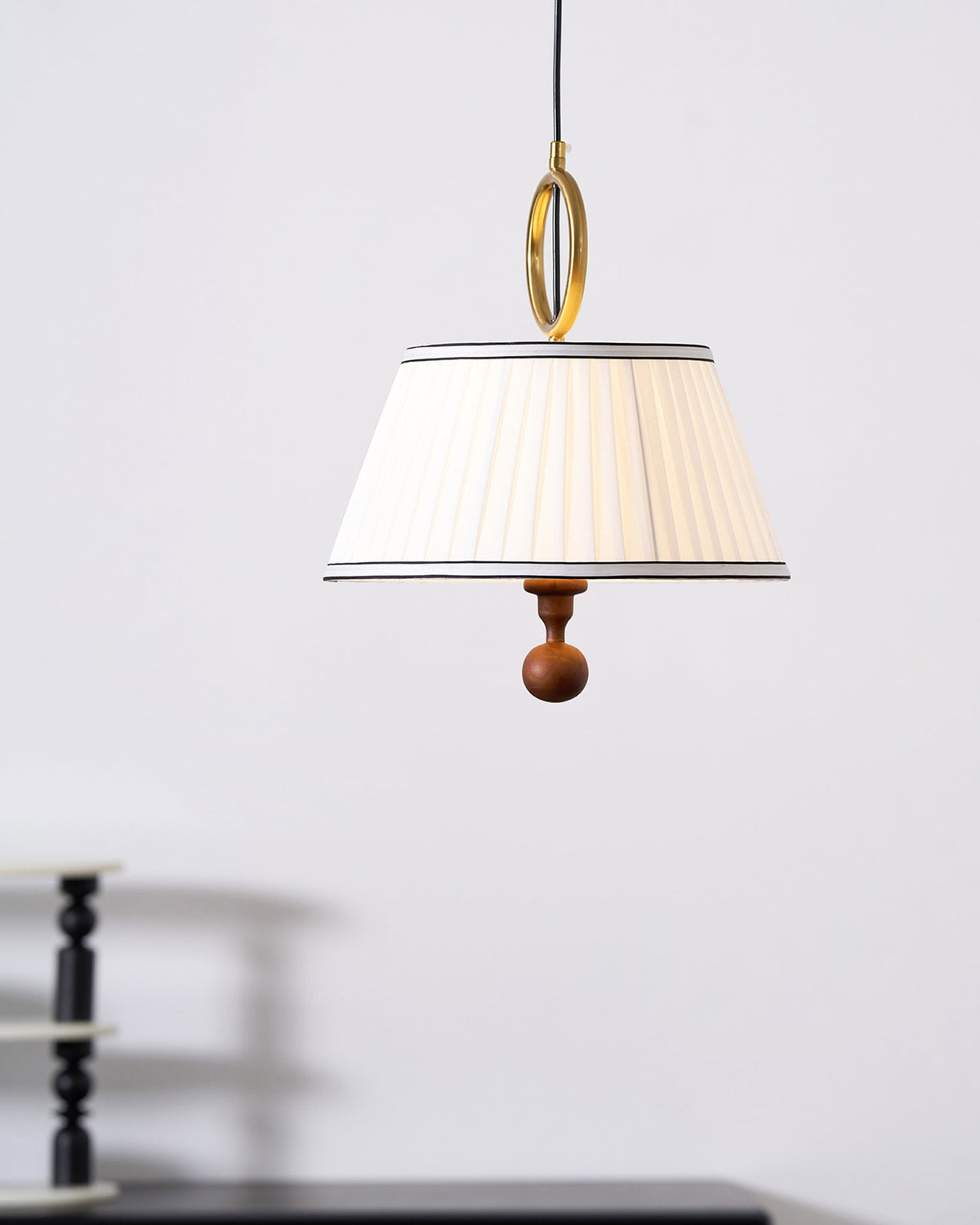 Hanging Ceiling Fixture with Fabric Drum Shade & Walnut Accents for Dining Rooms, Living Spaces, Home Offices 13.8 in Width Adjustable Cable