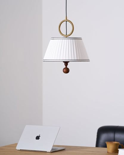 Hanging Ceiling Fixture with Fabric Drum Shade & Walnut Accents for Dining Rooms, Living Spaces, Home Offices 13.8 in Width Adjustable Cable