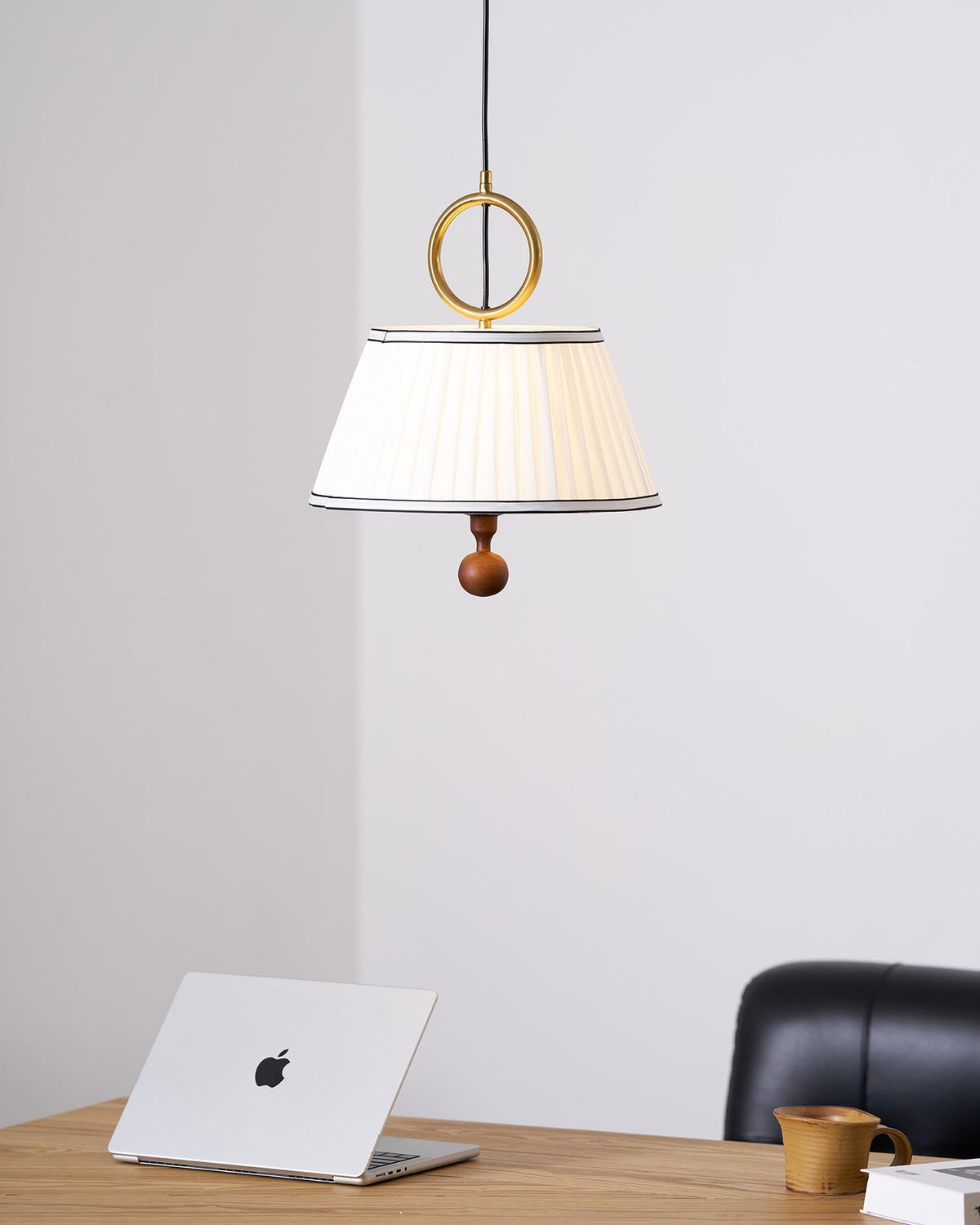 Hanging Ceiling Fixture with Fabric Drum Shade & Walnut Accents for Dining Rooms, Living Spaces, Home Offices 13.8 in Width Adjustable Cable