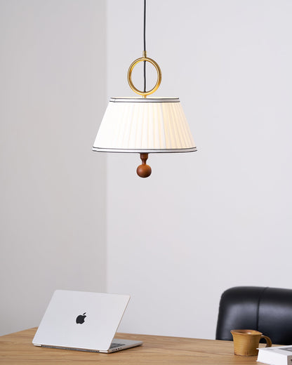 Hanging Ceiling Fixture with Fabric Drum Shade & Walnut Accents for Dining Rooms, Living Spaces, Home Offices 13.8 in Width Adjustable Cable