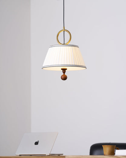 Hanging Ceiling Fixture with Fabric Drum Shade & Walnut Accents for Dining Rooms, Living Spaces, Home Offices 13.8 in Width Adjustable Cable