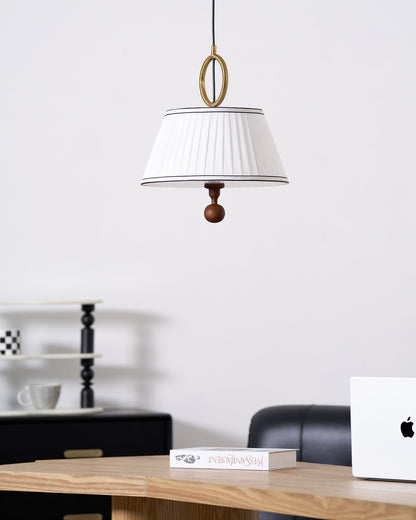 Hanging Ceiling Fixture with Fabric Drum Shade & Walnut Accents for Dining Rooms, Living Spaces, Home Offices 13.8 in Width Adjustable Cable