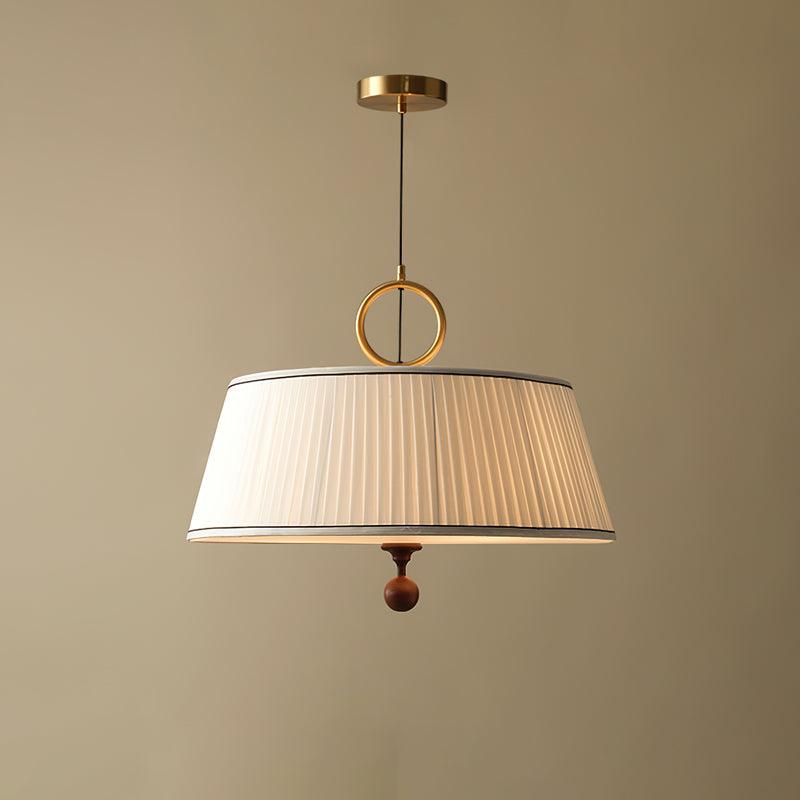 Hanging Ceiling Fixture with Fabric Drum Shade & Walnut Accents for Dining Rooms, Living Spaces, Home Offices 13.8 in Width Adjustable Cable