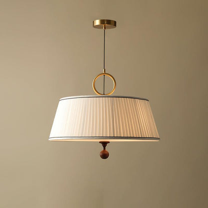 Hanging Ceiling Fixture with Fabric Drum Shade & Walnut Accents for Dining Rooms, Living Spaces, Home Offices 13.8 in Width Adjustable Cable