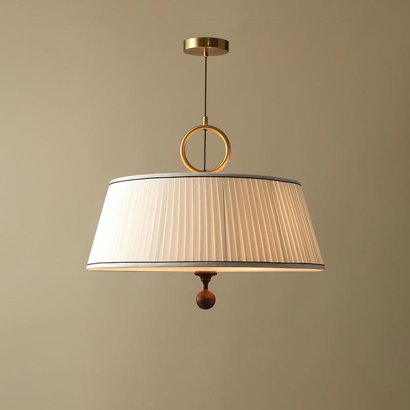 Hanging Ceiling Fixture with Fabric Drum Shade & Walnut Accents for Dining Rooms, Living Spaces, Home Offices 13.8 in Width Adjustable Cable