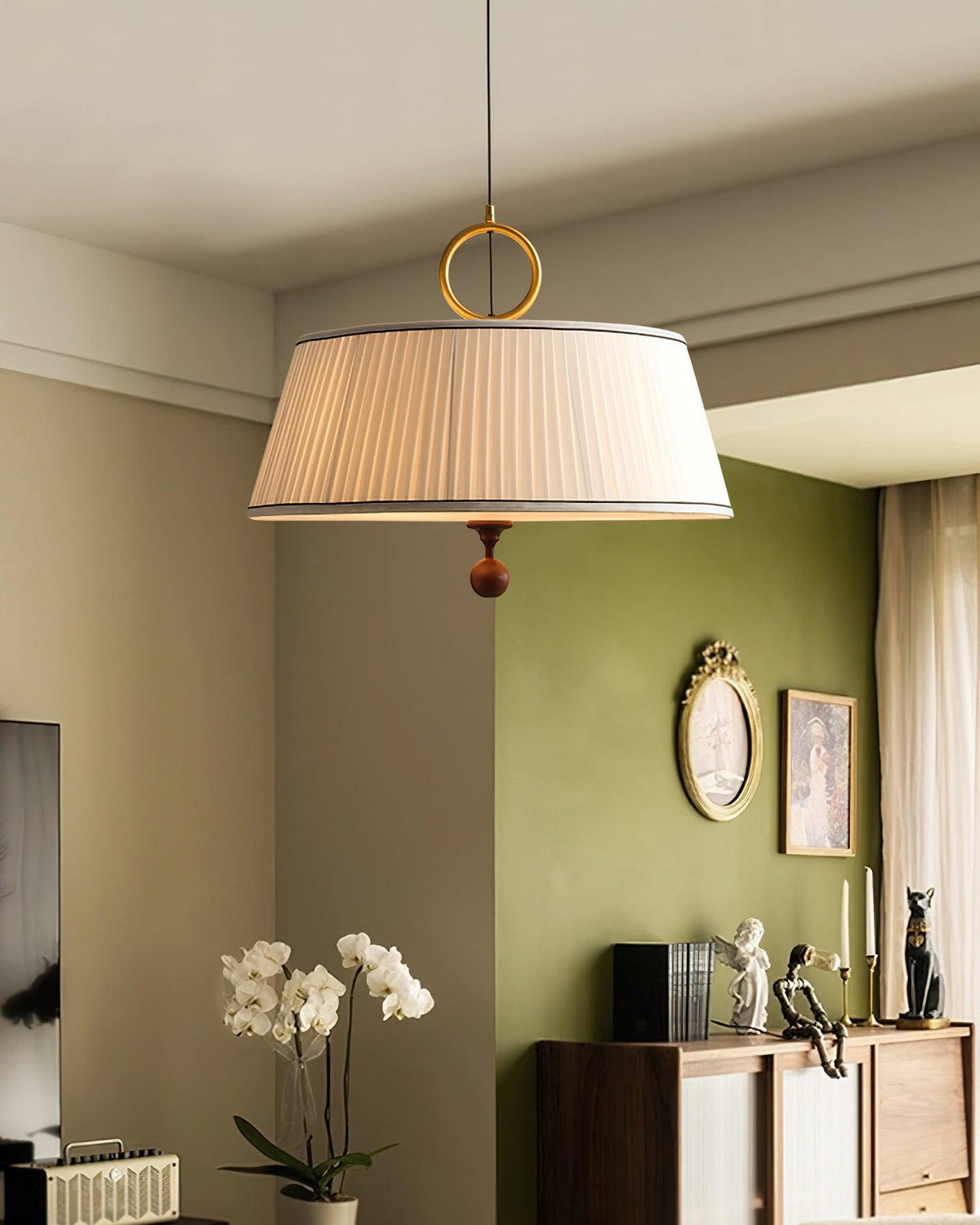 Hanging Ceiling Fixture with Fabric Drum Shade & Walnut Accents for Dining Rooms, Living Spaces, Home Offices 13.8 in Width Adjustable Cable
