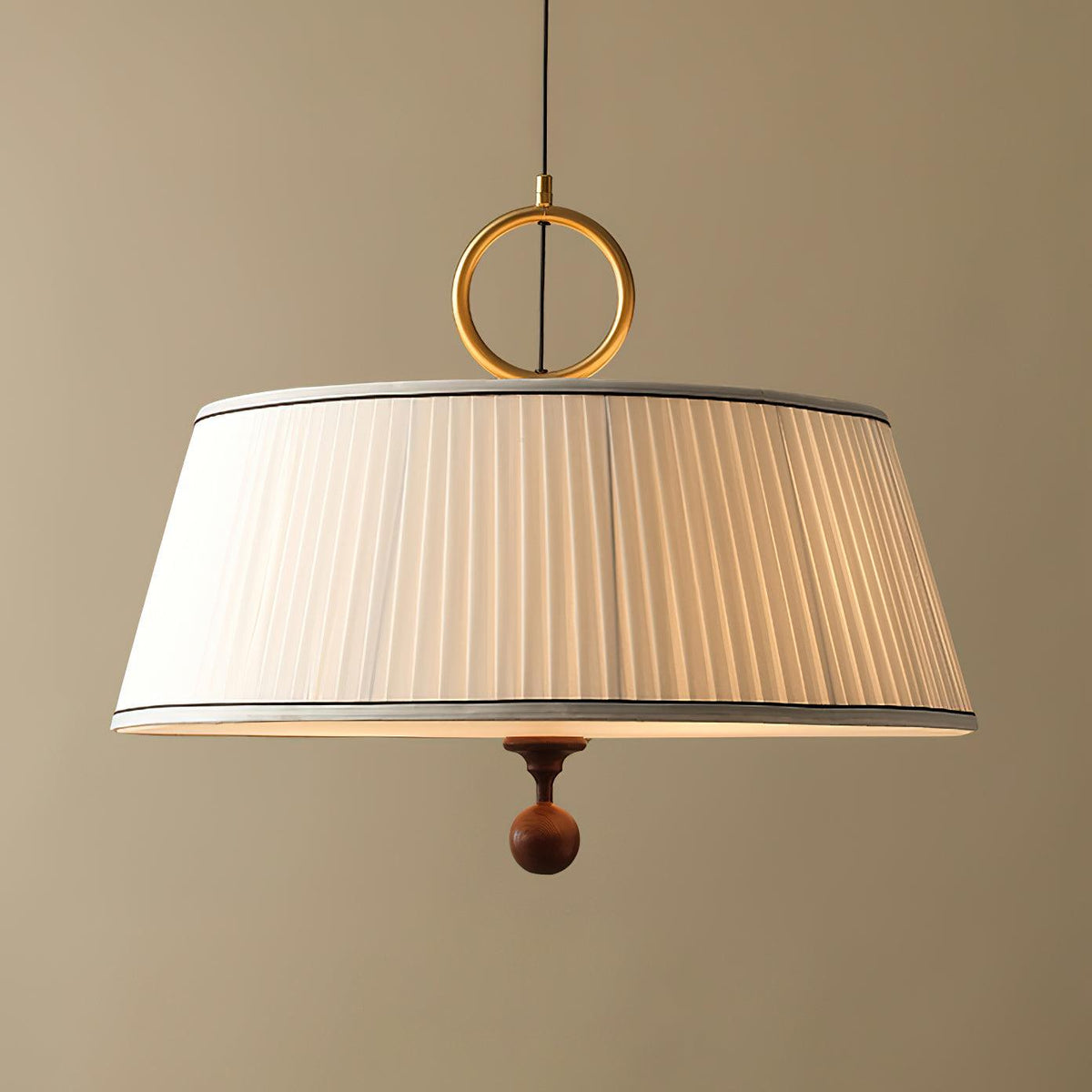 Hanging Ceiling Fixture with Fabric Drum Shade & Walnut Accents for Dining Rooms, Living Spaces, Home Offices 13.8 in Width Adjustable Cable