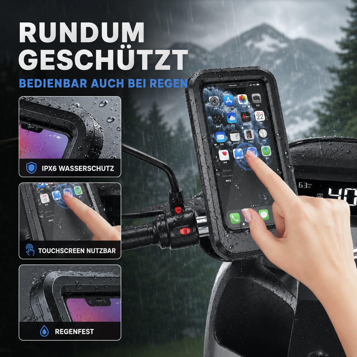 Waterproof Motorcycle Phone Mount with 360° Rotation for Bikes & Scooters – Universal Holder for Smartphones up to 6.7 Inches