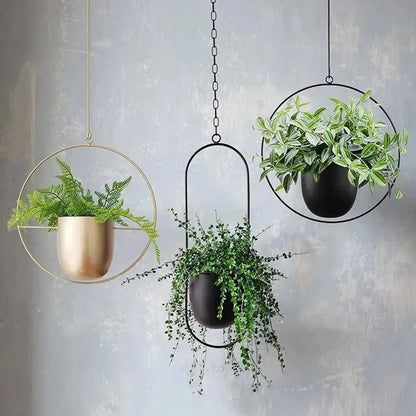 Oval or Round Frame Metal Hanging Planter with Chain