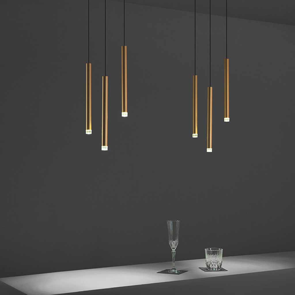 Slim Gold Tube LED Ceiling Light for Kitchen Island & Dining Room – Adjustable Drop Height, 1-5 Heads, Modern Minimalist Design