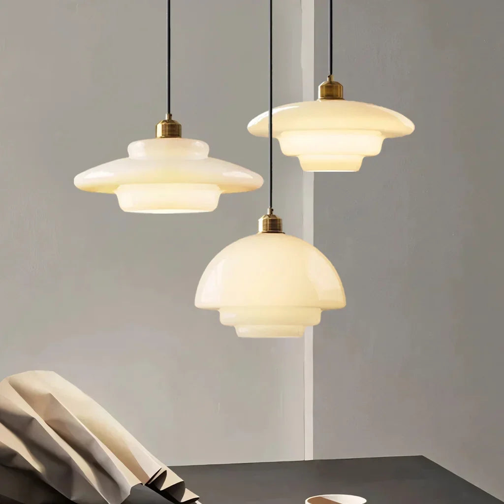 White Glass Hanging Ceiling Fixture 12.6 in Adjustable Cord Modern Island Light for Kitchen Dining Room Bedroom Foyer E27 Base Art Deco Styl