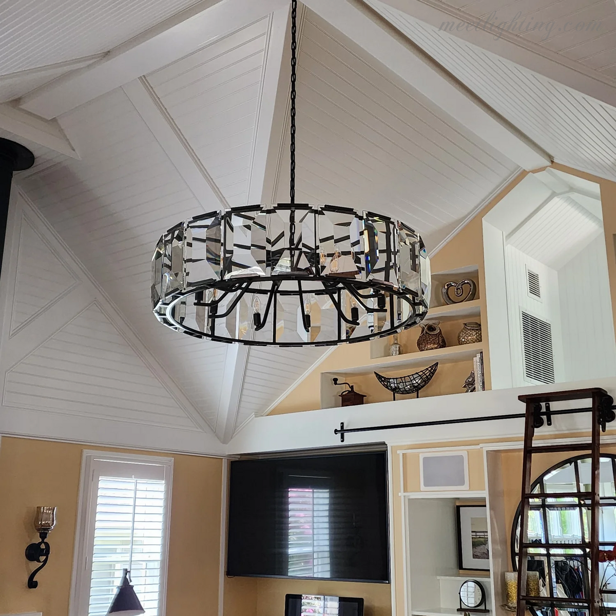 19-Inch Round Crystal Chandelier with Faceted Glass Prisms for Dining Room & Living Room