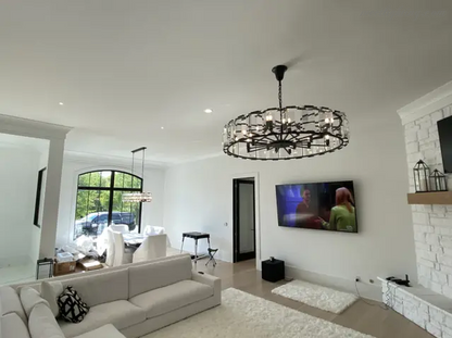 Round Crystal Chandelier 31 Inch 7-Light Fixture Iron Frame for Dining Room Foyer Entryway Living Room Bedroom Statement Lighting