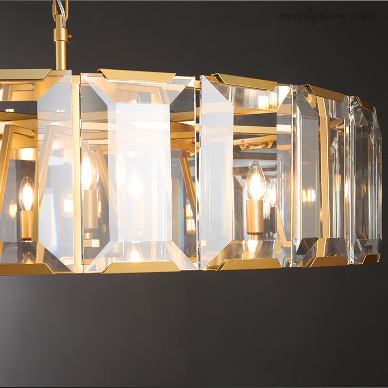 Crystal Prism Ring Chandelier 59-Inch 14-Light Statement Fixture for Dining Room Living Room Foyer Adjustable Height Brass Black Steel