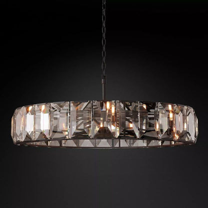 Crystal Prism Ring Chandelier 59-Inch 14-Light Statement Fixture for Dining Room Living Room Foyer Adjustable Height Brass Black Steel