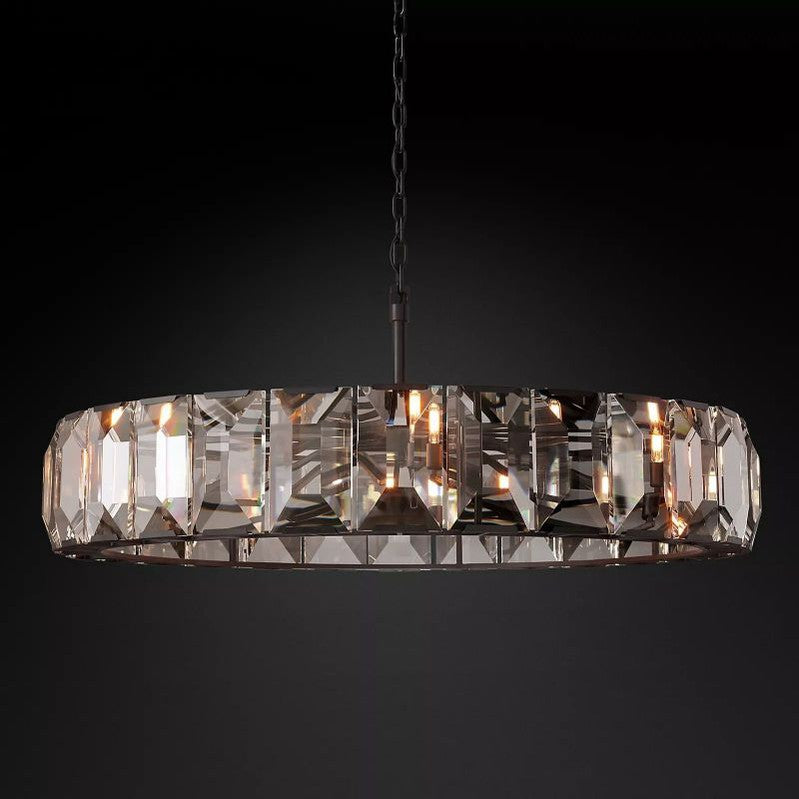 Crystal Prism Ring Chandelier 59-Inch 14-Light Statement Fixture for Dining Room Living Room Foyer Adjustable Height Brass Black Steel