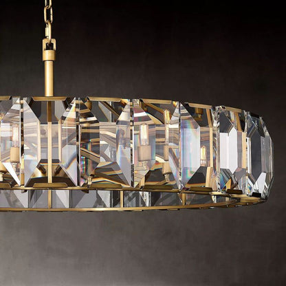 Crystal Prism Ring Chandelier 59-Inch 14-Light Statement Fixture for Dining Room Living Room Foyer Adjustable Height Brass Black Steel