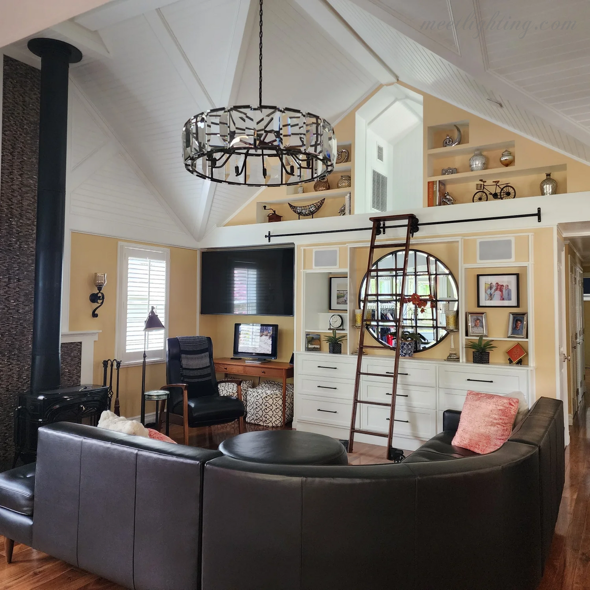 Crystal Prism Ring Chandelier 59-Inch 14-Light Statement Fixture for Dining Room Living Room Foyer Adjustable Height Brass Black Steel