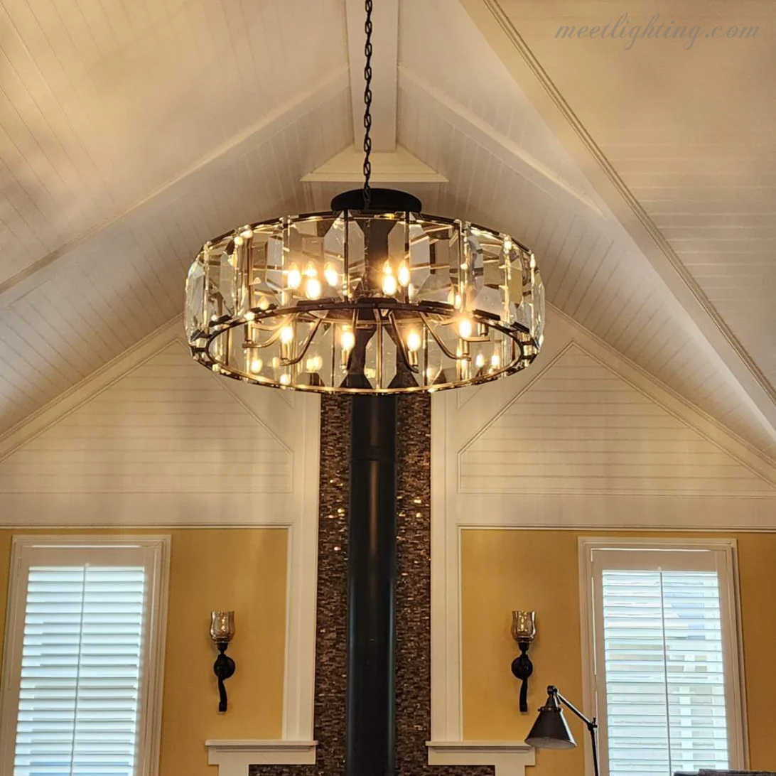 Crystal Prism Ring Chandelier 59-Inch 14-Light Statement Fixture for Dining Room Living Room Foyer Adjustable Height Brass Black Steel