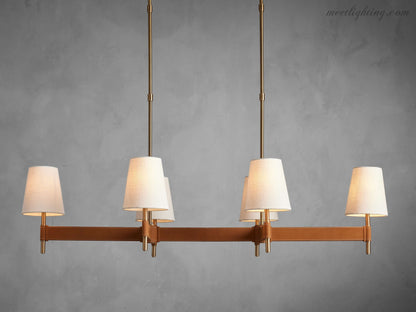 Linear Chandelier 6-10 Lights Antiqued Brass Leather Accent White Linen Shade Adjustable Height Dining Room Kitchen Island