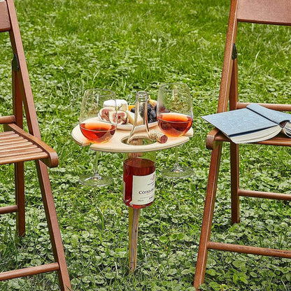Portable Wine Table for Outdoor Picnics – Folding Wooden Picnic Table with Bottle & Glass Holders for Beach, Camping & Backyard