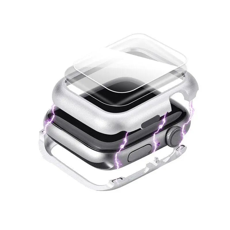 Armored Tempered Glass Watch Shield with Metal-Look Bumper Cover for Apple Watch 38mm-44mm Series 1-6