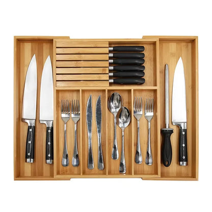 Bamboo Drawer Organizers Expandable Set, Kitchen Drawer Organizer for Utensils, Desk Drawer Organizer for Office