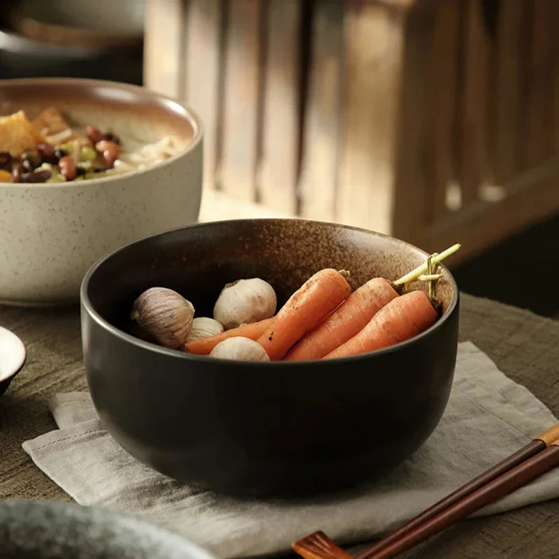 Handcrafted Ceramic Soup Bowl Set of 4 with Spoon and Chopsticks for Ramen Noodles Salad Stew Kitchen Dining Table Dishwasher Safe