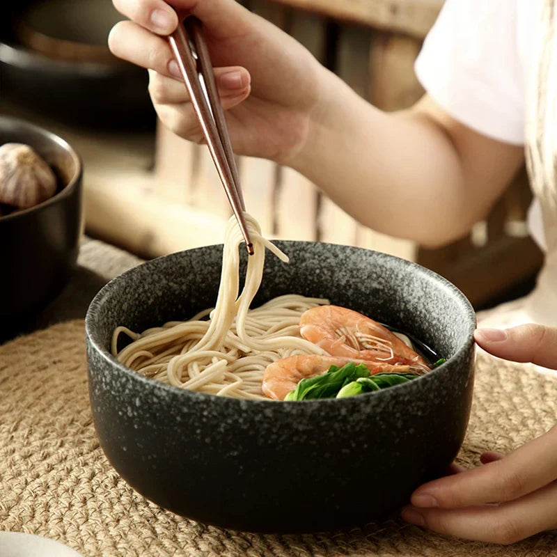 Handcrafted Ceramic Soup Bowl Set of 4 with Spoon and Chopsticks for Ramen Noodles Salad Stew Kitchen Dining Table Dishwasher Safe