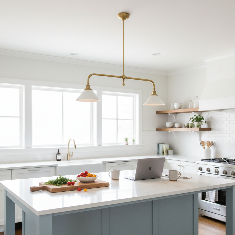 Dual-Head Island Pendant Light with Adjustable Height – Aluminum & Ceramic Shades for Kitchen, Dining Room & Living Space – Dimmable LED Fix