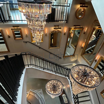 Spiral Crystal Chandelier Statement Ceiling Light Black Iron Glass Prism Layers for Dining Room Living Room Foyer Grand Staircase