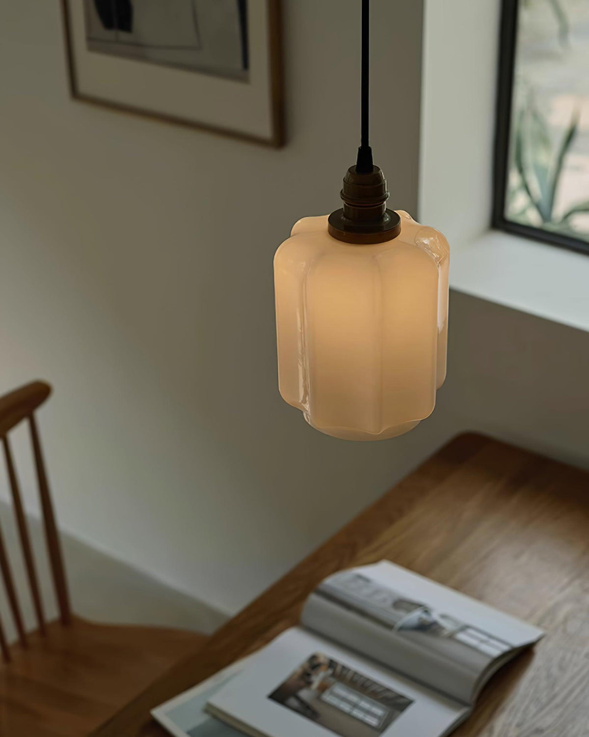 Glass Globe Hanging Light with Adjustable Cord White Brass Ceiling Fixture for Bedroom Dining Room Kitchen Island Brass Finish 6 Inch Pendan