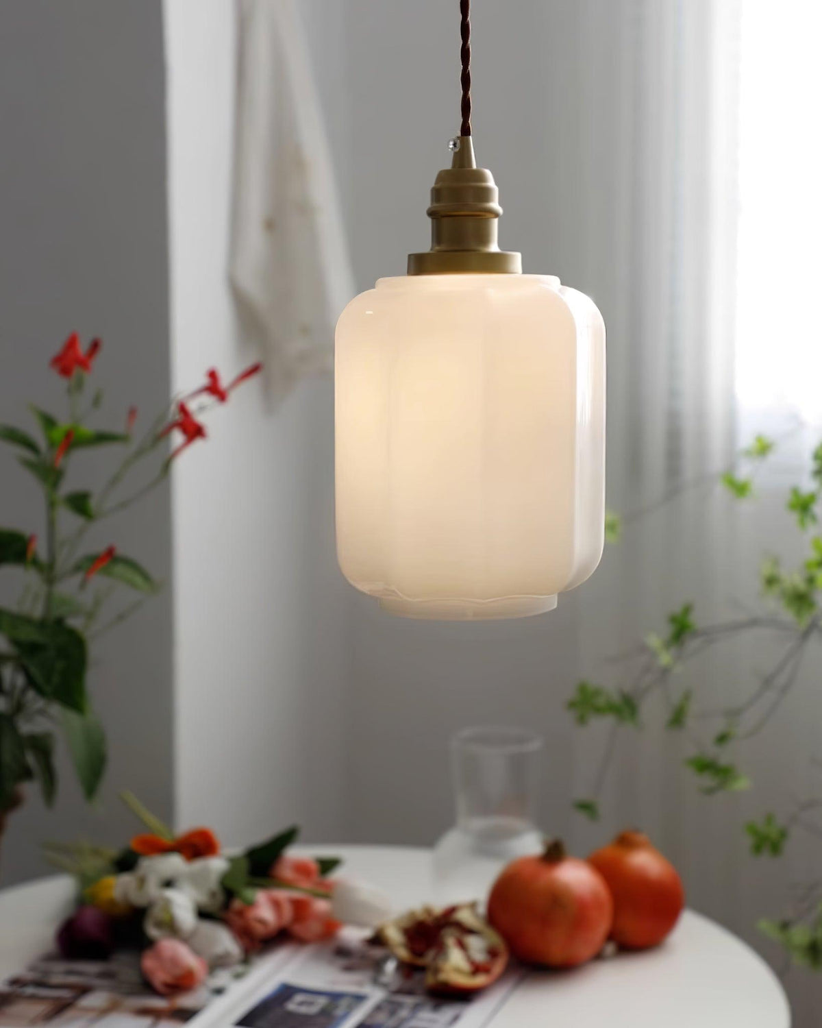 Glass Globe Hanging Light with Adjustable Cord White Brass Ceiling Fixture for Bedroom Dining Room Kitchen Island Brass Finish 6 Inch Pendan