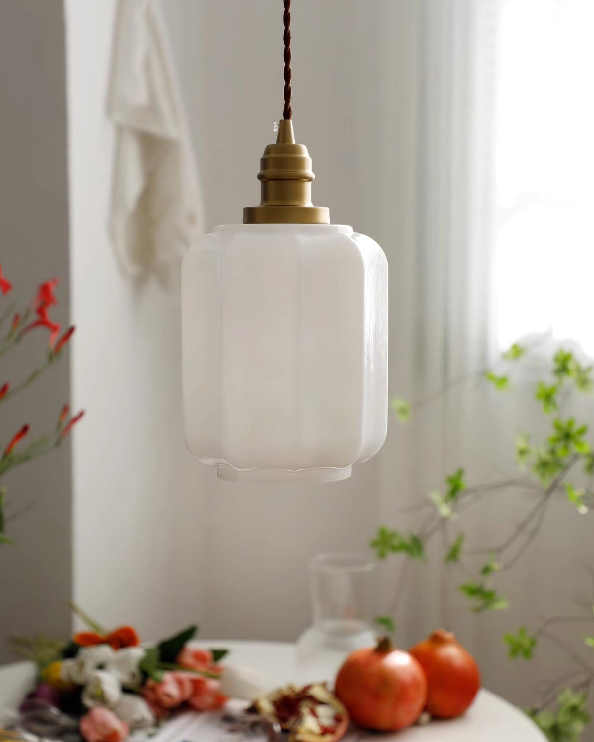 Glass Globe Hanging Light with Adjustable Cord White Brass Ceiling Fixture for Bedroom Dining Room Kitchen Island Brass Finish 6 Inch Pendan