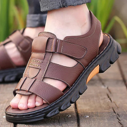 Men's Leather Sandals with Arch Support – Breathable Open-Toe Footbed for Walking & Summer Wear