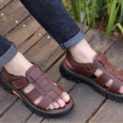 Men's Leather Sandals with Arch Support – Breathable Open-Toe Footbed for Walking & Summer Wear