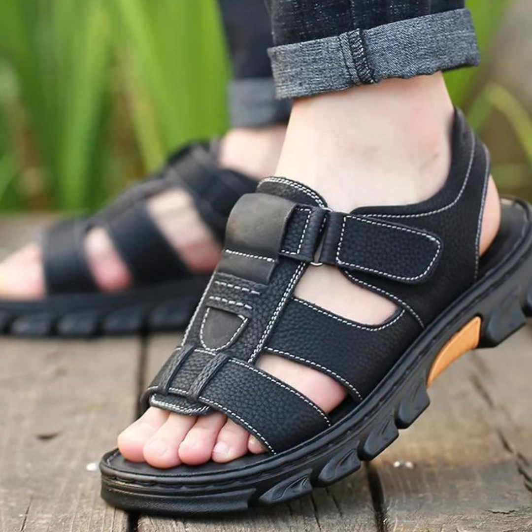 Men's Leather Sandals with Arch Support – Breathable Open-Toe Footbed for Walking & Summer Wear
